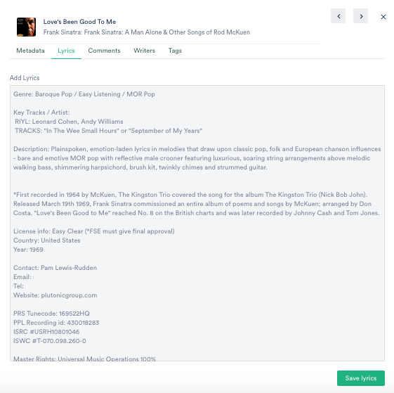Plutonic Group Syncs :: Basic Metadata - Lyrics Field